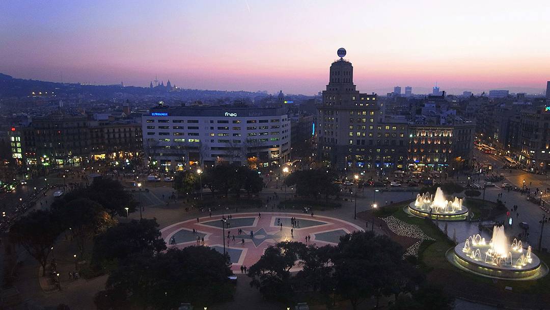 Aerial view of Plaça de Catalunya and its fountains
